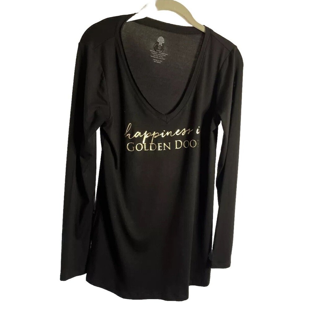 Size 2 Charlie black/golden women graphic tee Happiness Is Golden Door Luxury